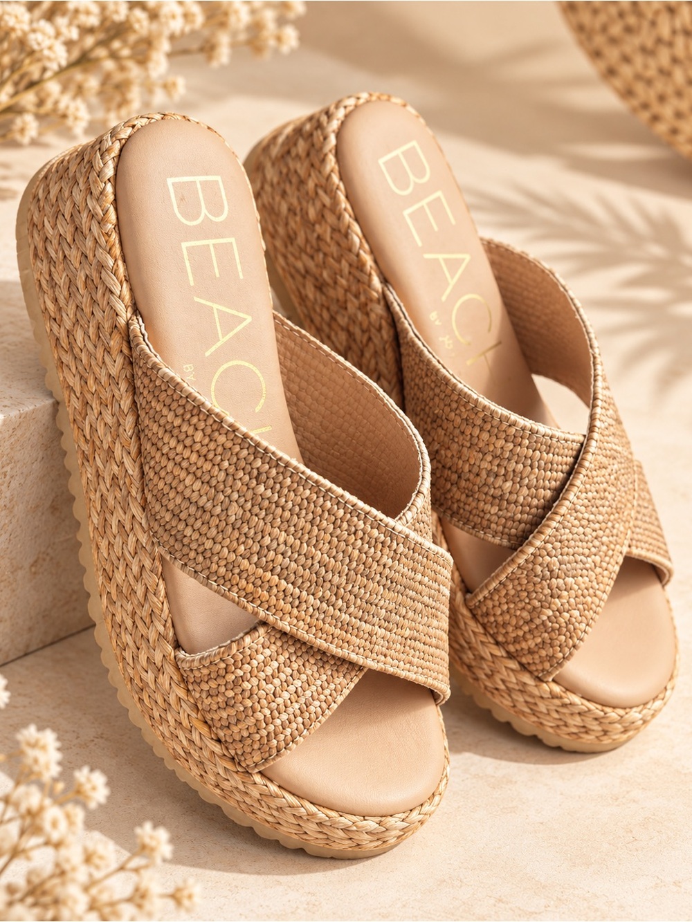 BEACH Tan Woven Platform Wedge Sandals size 8